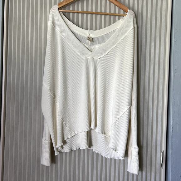 We the Free Ocean View Ribbed Ivory Boho Oversized Deep V neck Top Size L - Picture 3 of 11